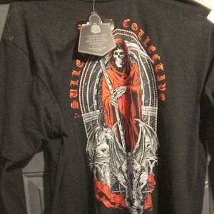 Black Long-Sleeve Graphic Reaper Tee with Red Accents